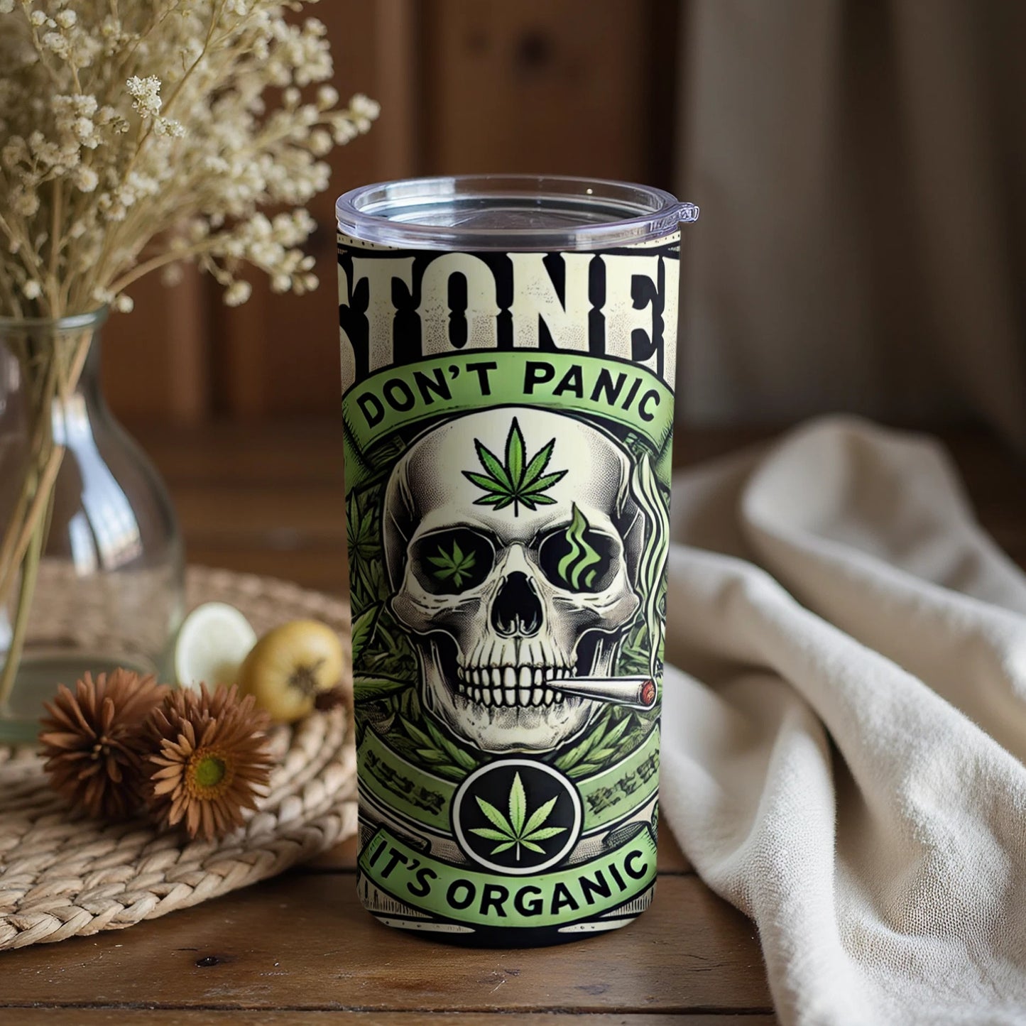 Stone Don't Panic It's Organic Skull Design Tumbler