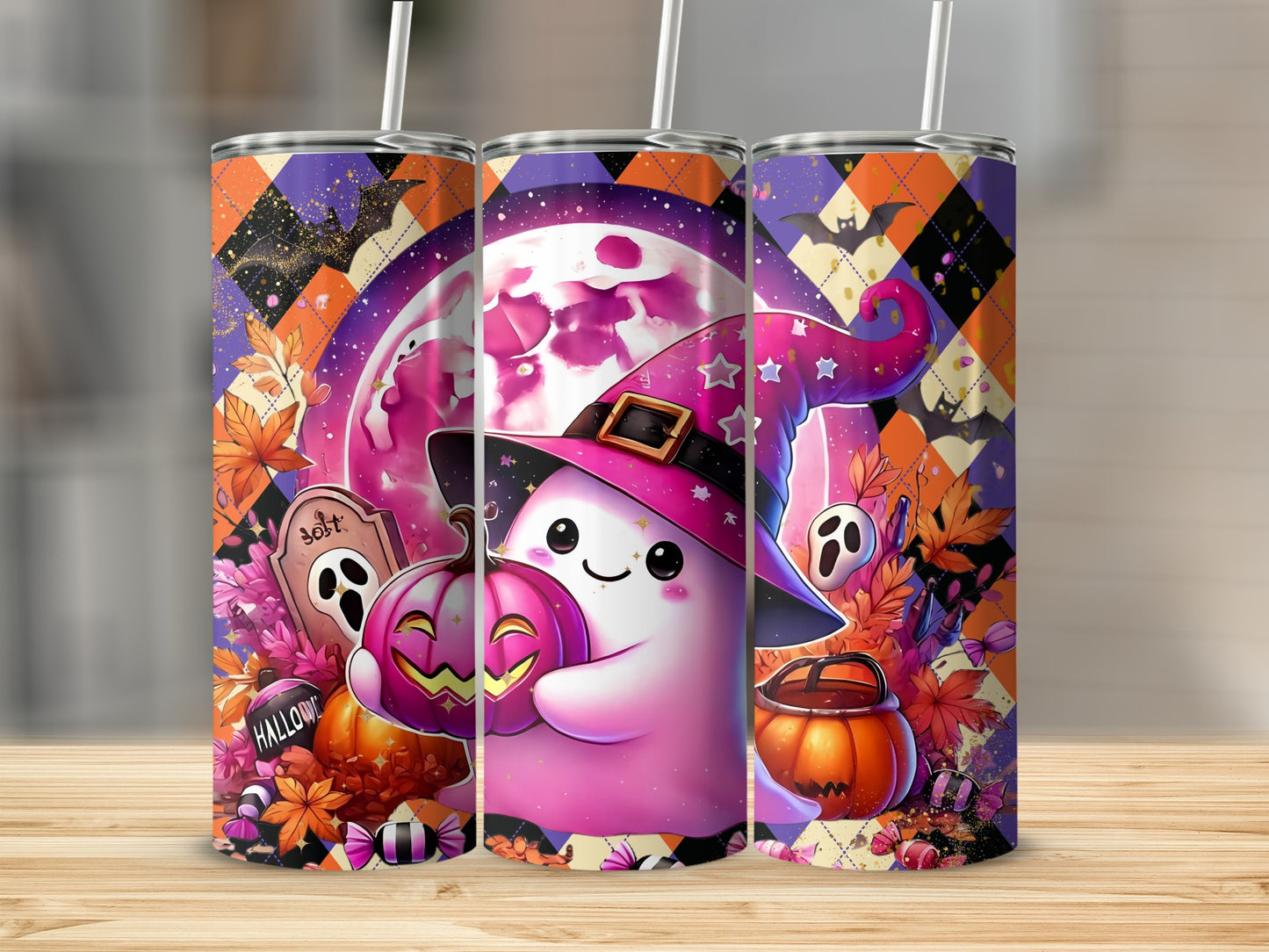 Cute Halloween Ghost Witch Tumbler with Pumpkins Design