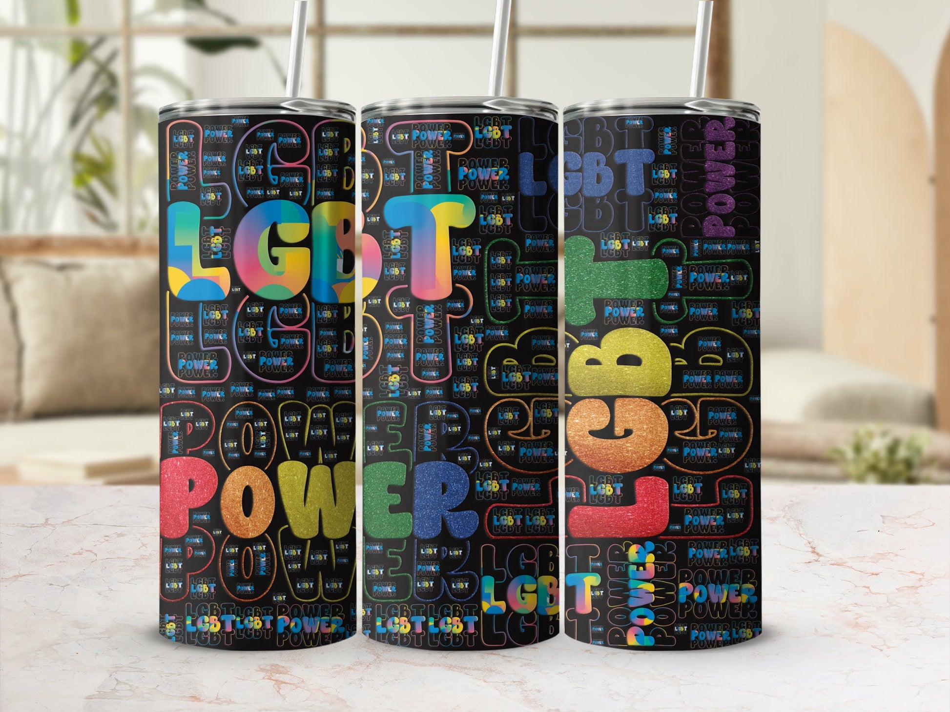 Tumbler with "LGBT POWER" repeated in rainbow colors.