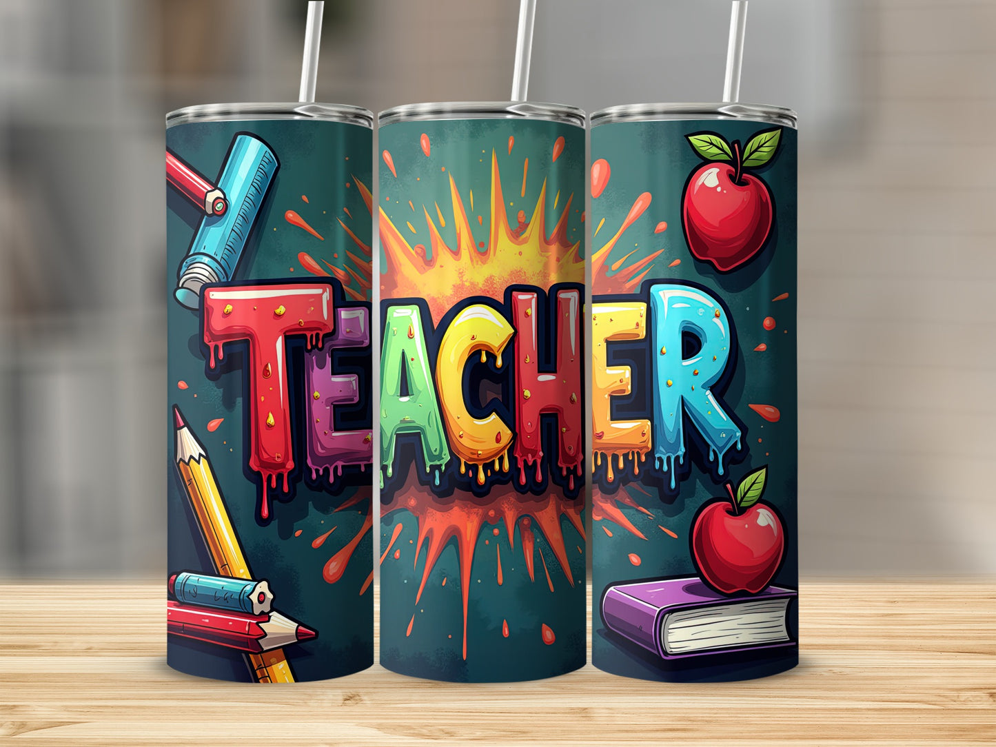 Tumbling tumbler with colorful "TEACHER" text, apples, books, and art supplies.
