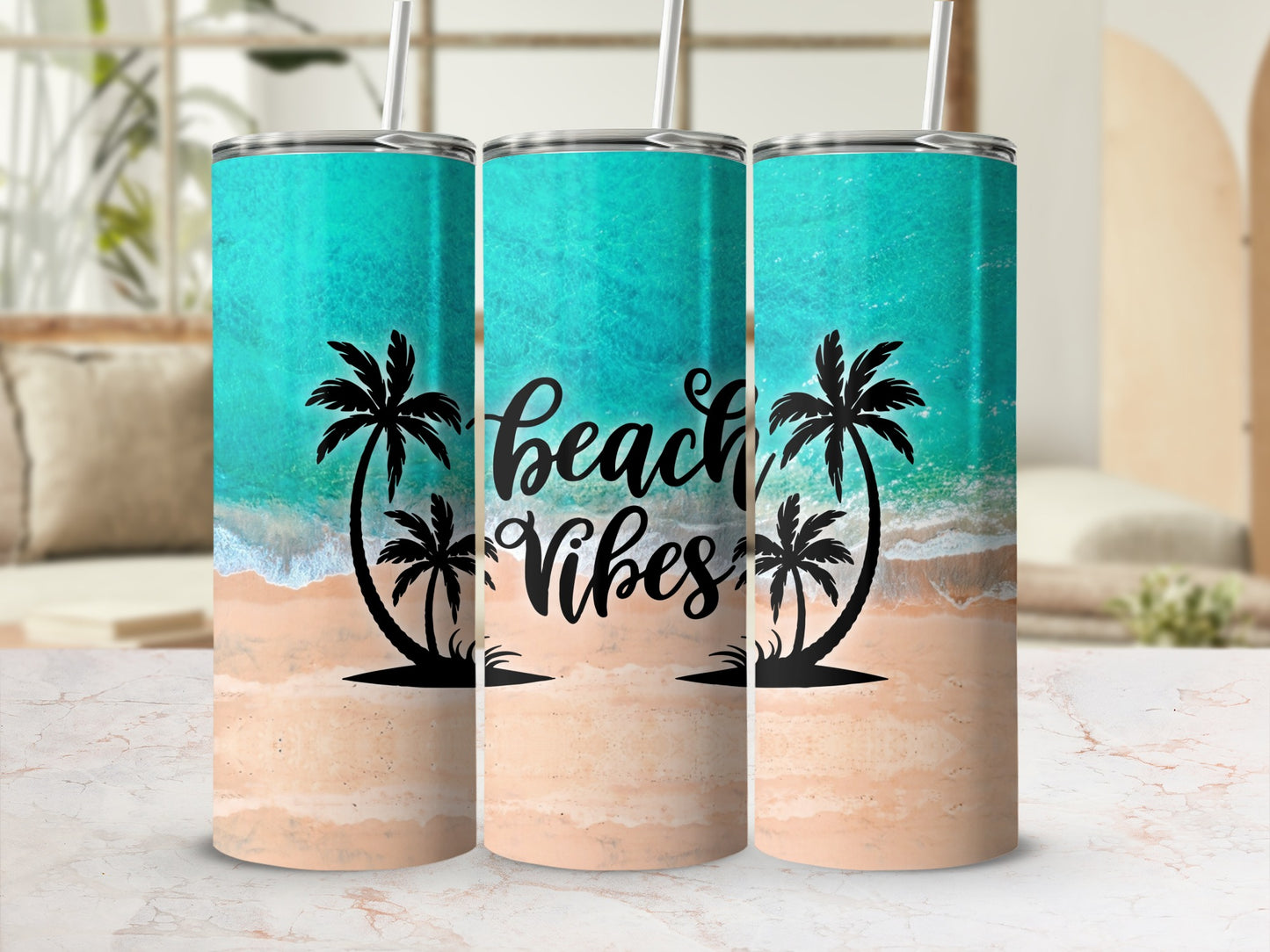 Three tumblers with beach scene and "beach vibes" text.