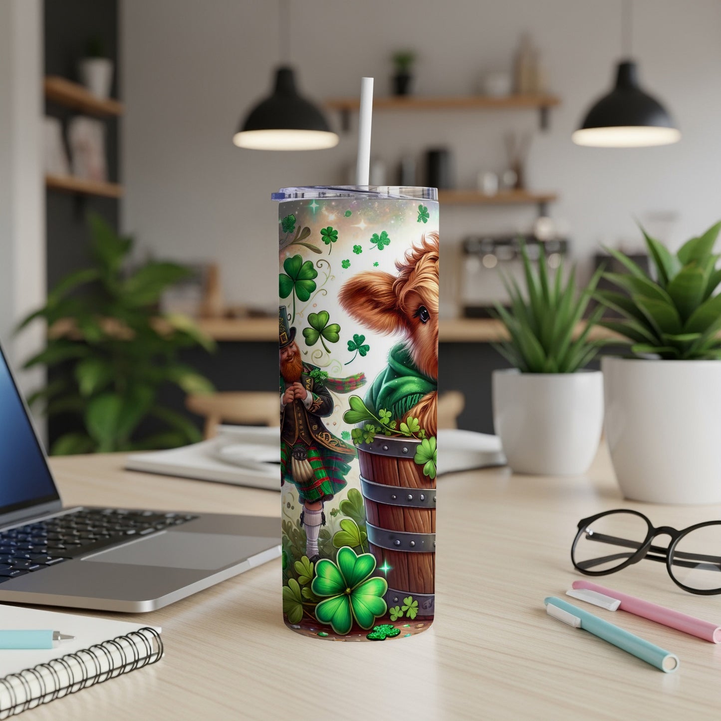 Cow in barrel with St. Patrick's Day motifs and shamrocks.