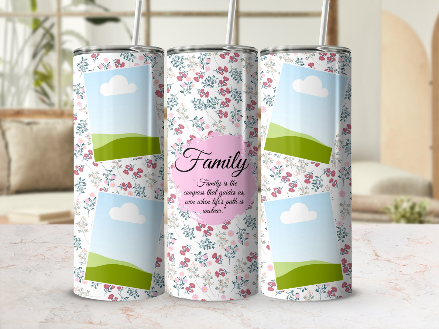 Floral tumbler with empty photo frames and "Family is the compass that guides us" quote.
