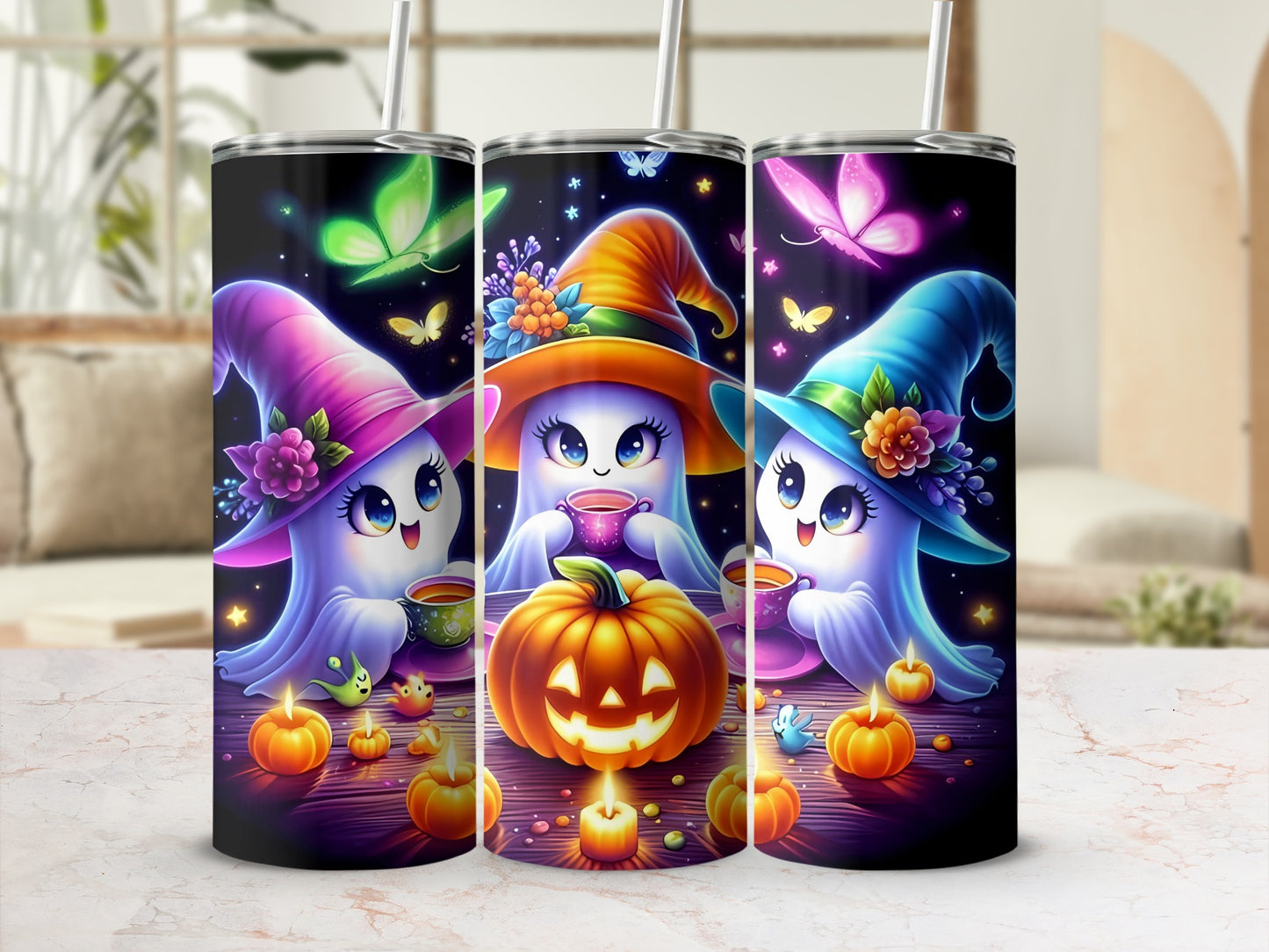 Three Halloween ghost tumblers with witch hats, pumpkins, and butterflies.