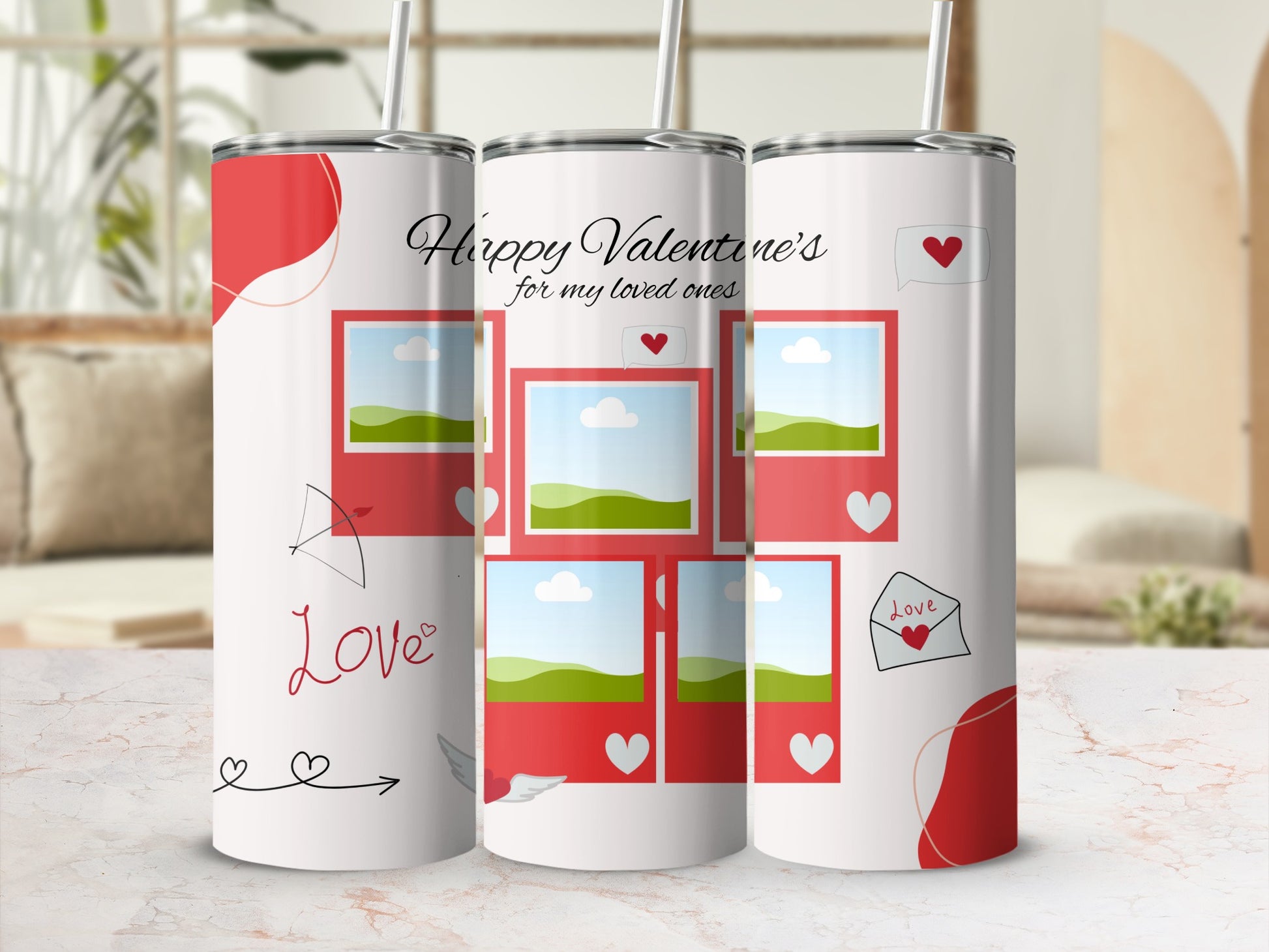 Valentine's themed tumblers with "Happy Valentine's for my loved ones" and photo frames.