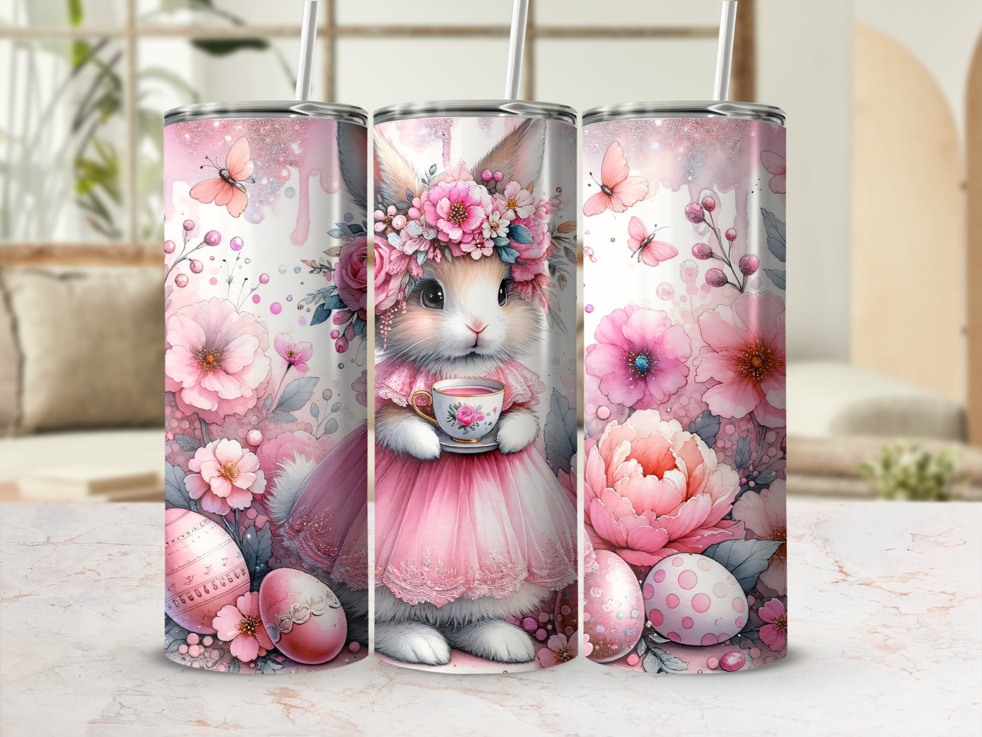 Bunny in pink dress holding teacup, surrounded by Easter eggs and pink flowers.