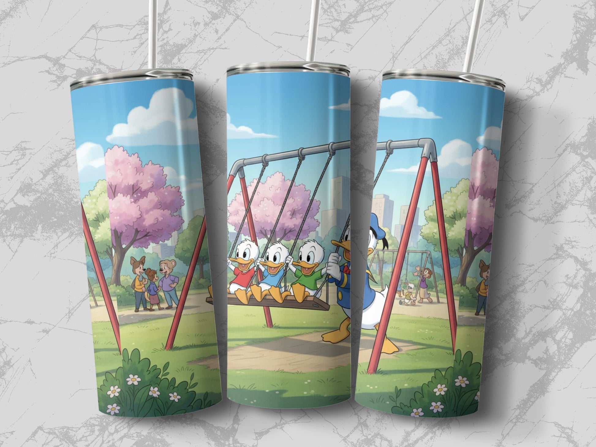 Cartoon Ducks on Swing Scene Stainless Steel Tumbler