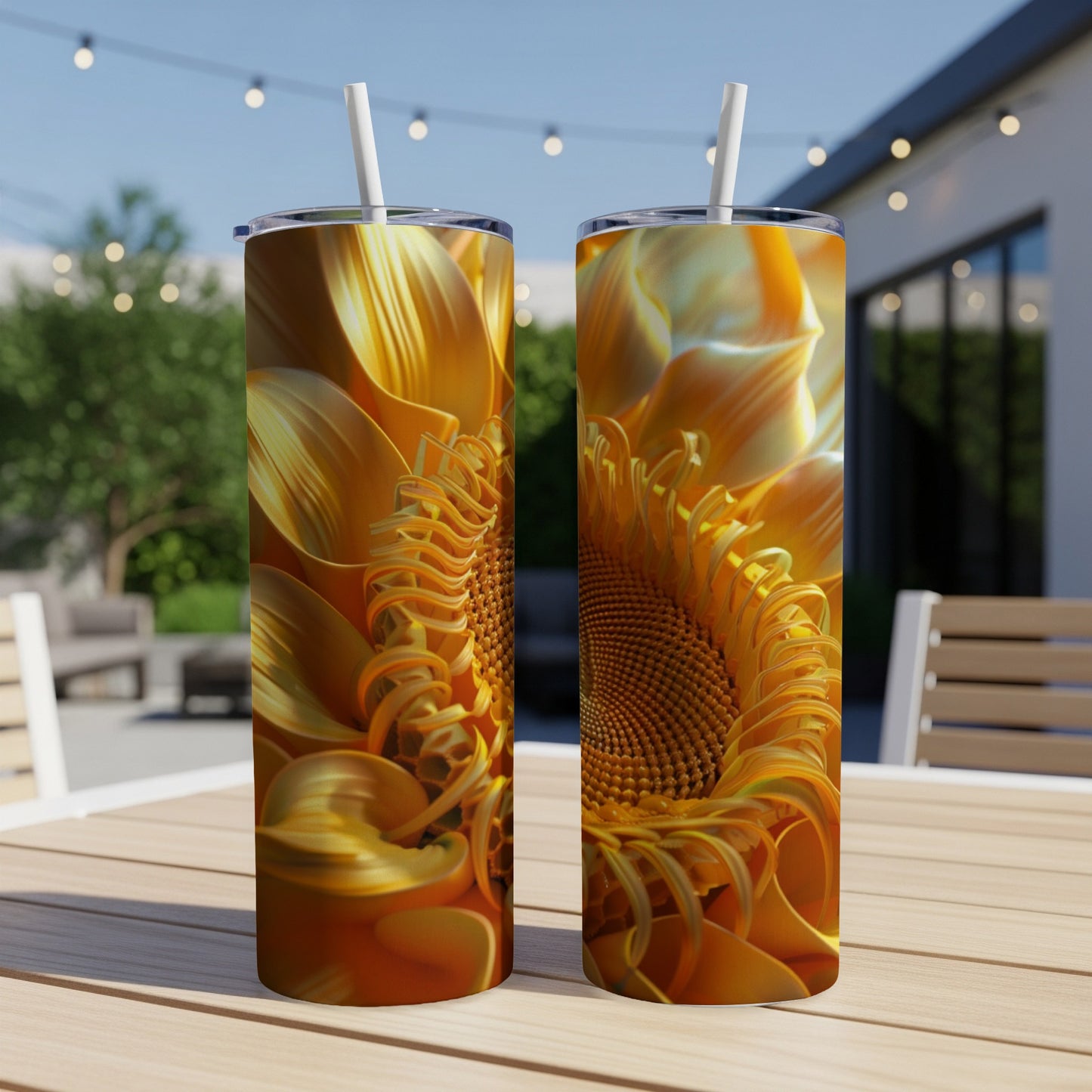 Two tall tumblers with a close-up sunflower design sit on a table outdoors.