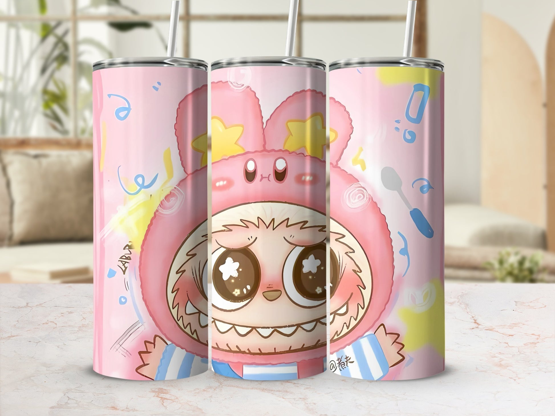 Cute Cartoon Character Pink Tumbler with Straw