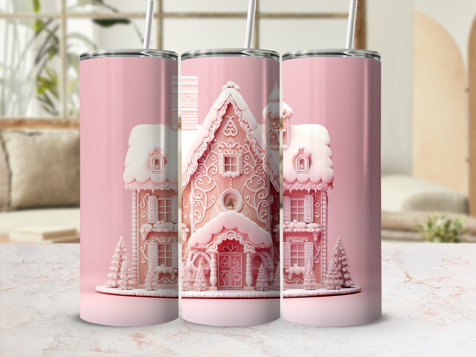 Pink gingerbread house tumbler with white icing and snow accents.