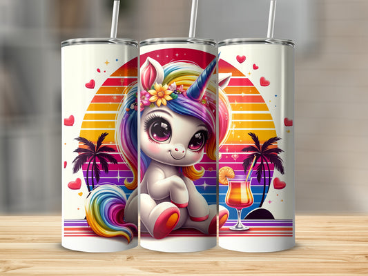 Rainbow unicorn with tropical sunset and cocktail on tumbler.