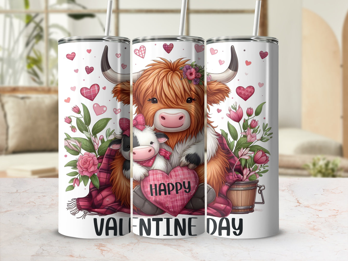 Valentine's Day tumbler with highland cow and calf holding a heart.