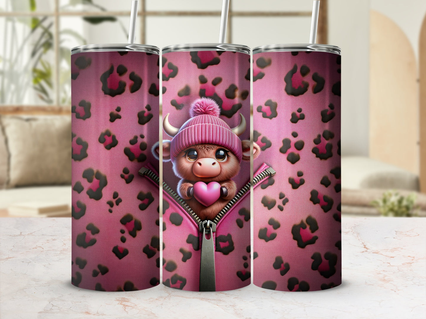 Pink leopard print tumbler with cartoon bull wearing a beanie and holding a heart.