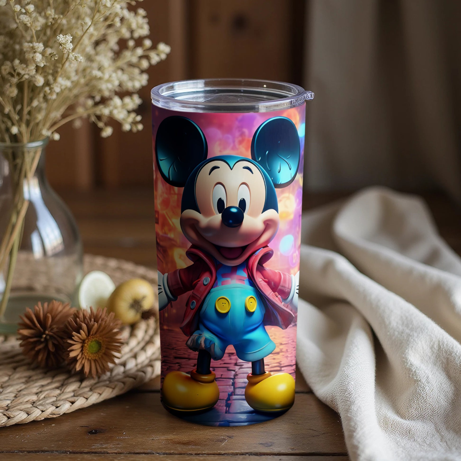 Colorful Mickey Tumbler with Floral Background
