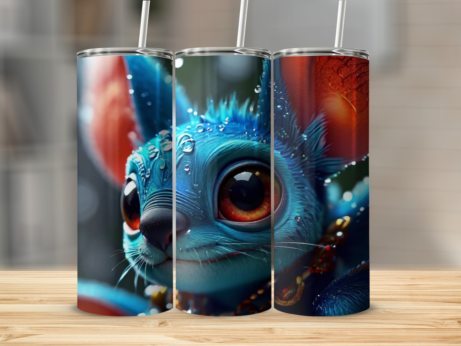 Blue creature with large eyes on three tumblers with straws.