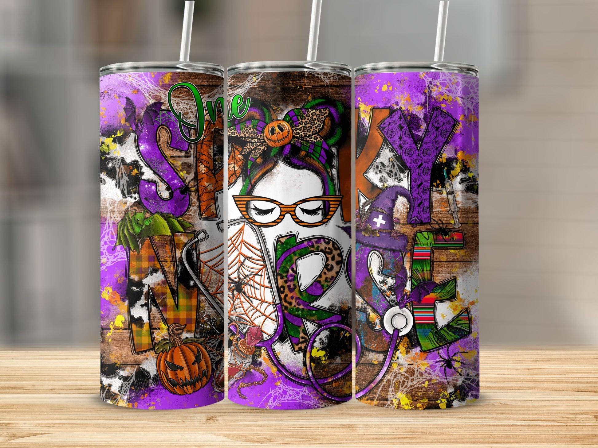 Three tumblers with "SPN" text, Halloween and nurse motifs.