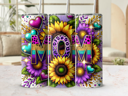 Sunflower and heart patterned tumbler with "MOM" text.