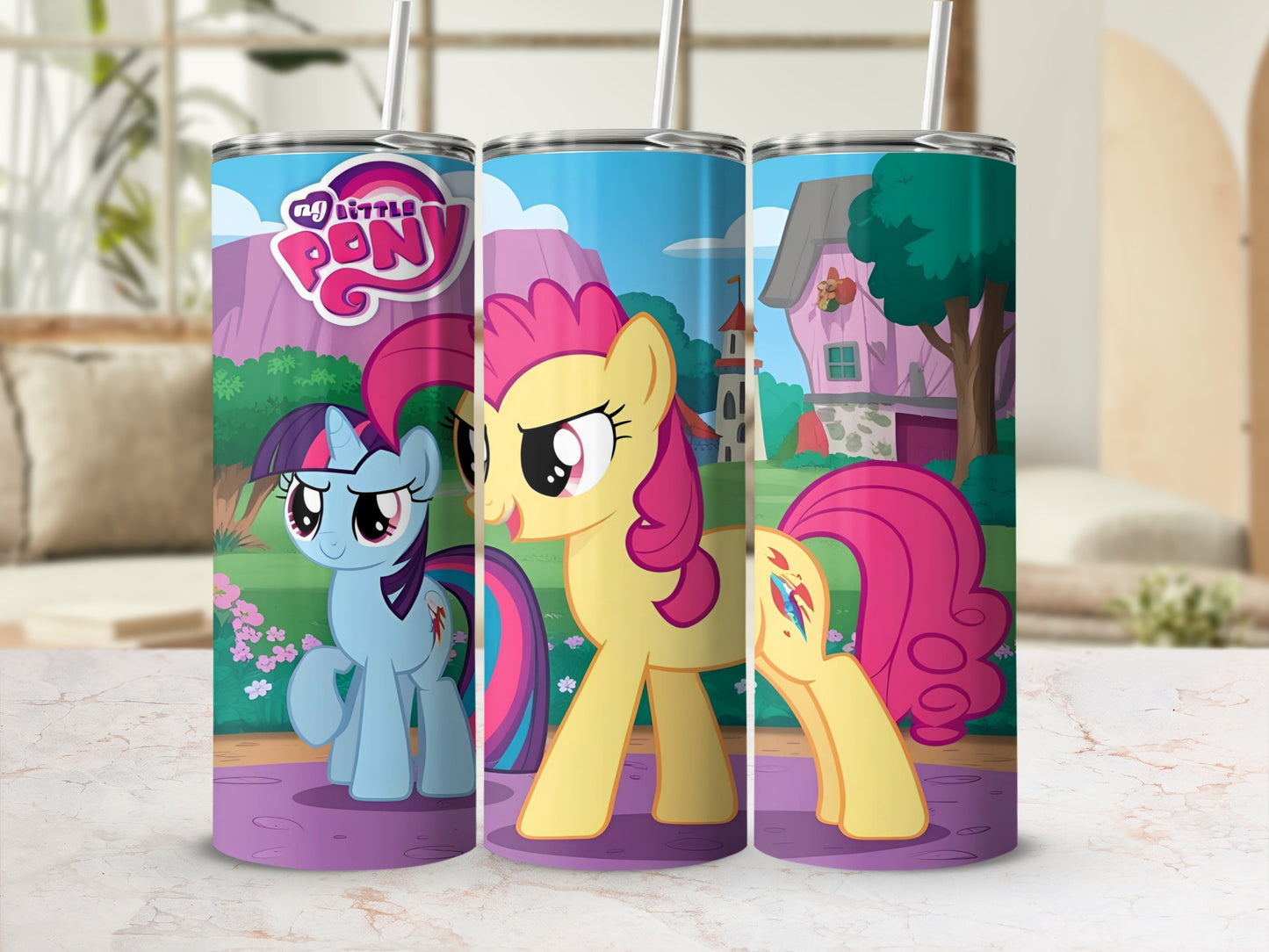 My Little Pony characters Twilight Sparkle and Pinkie Pie on a patterned tumbler.
