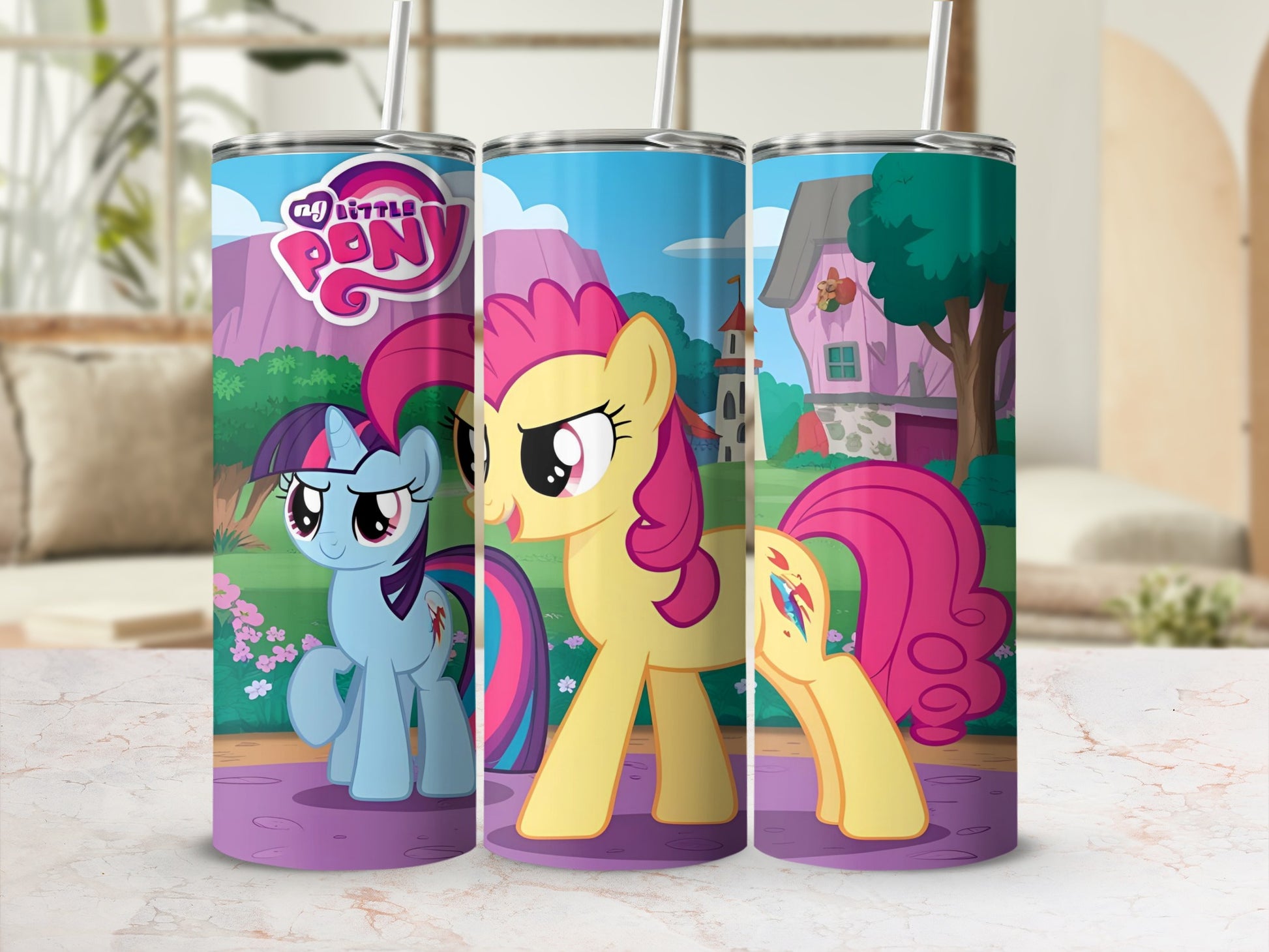 My Little Pony characters Twilight Sparkle and Pinkie Pie on a patterned tumbler.