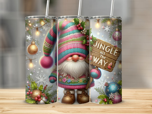 Christmas gnome with "Jingle all the way" sign and festive lights.
