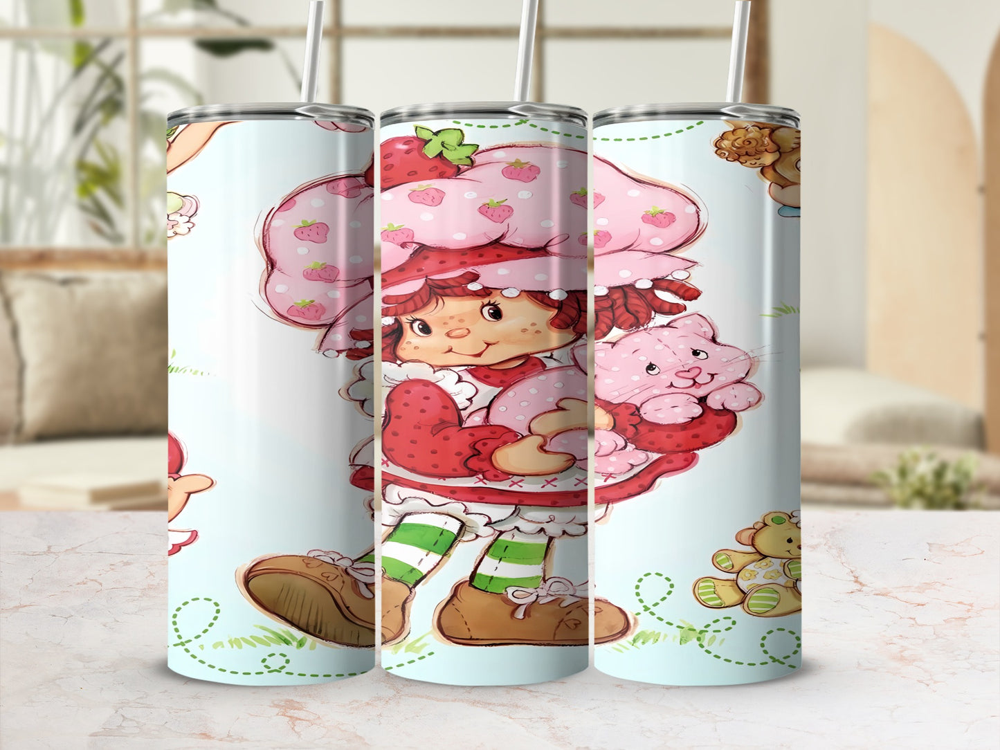 Strawberry Shortcake character holding a pink cat, with a patterned background.