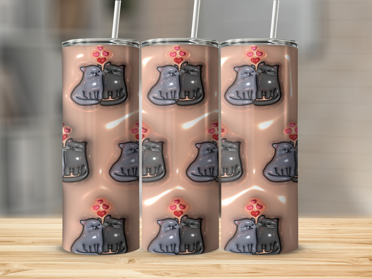Adorable Cat Couple Design Tumbler with Heart Balloons