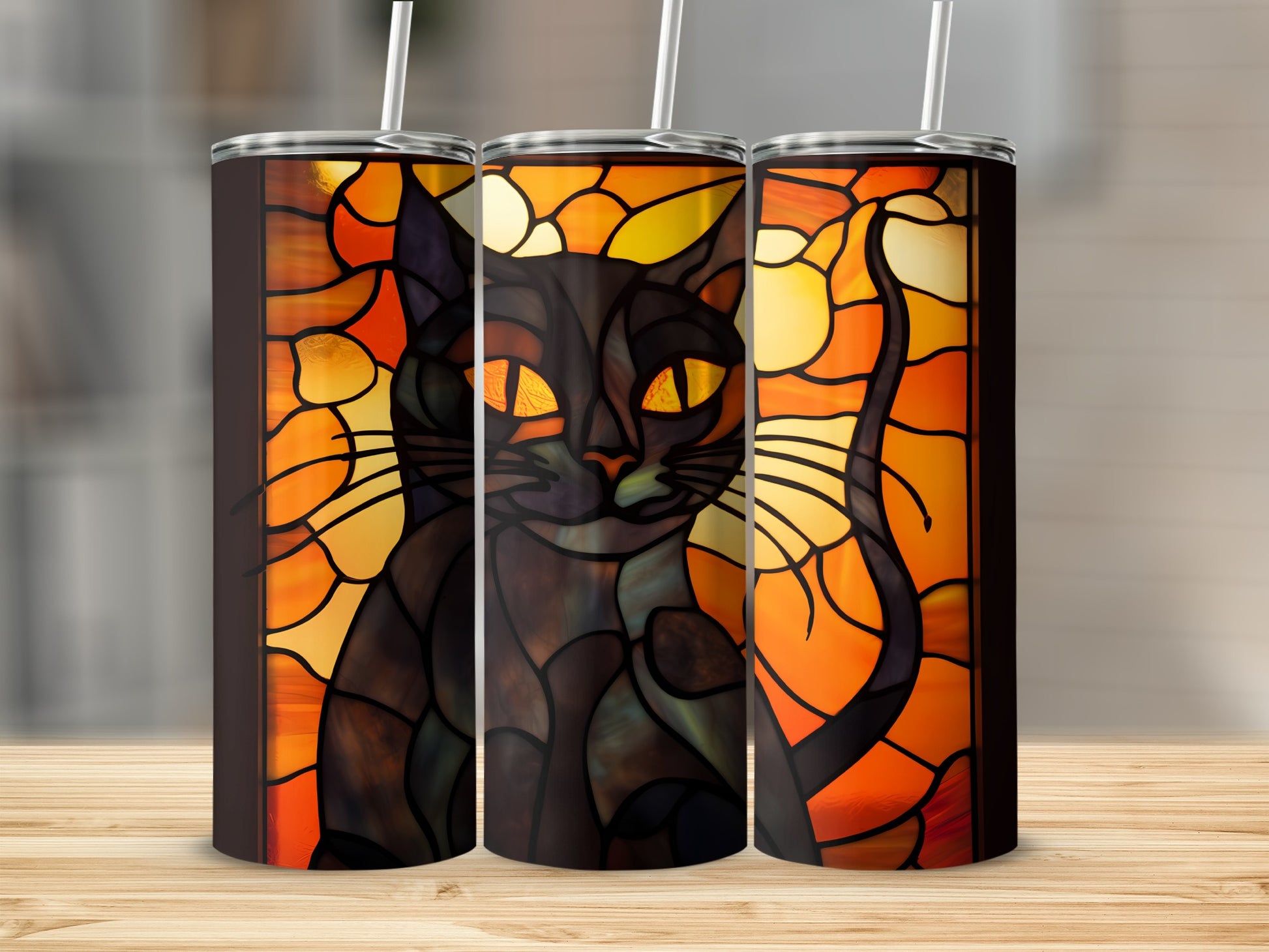Black cat with stained glass design on a tumbler.
