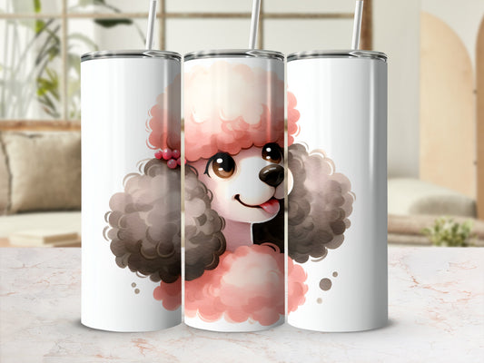 White tumblers featuring a watercolor illustration of a pink poodle.