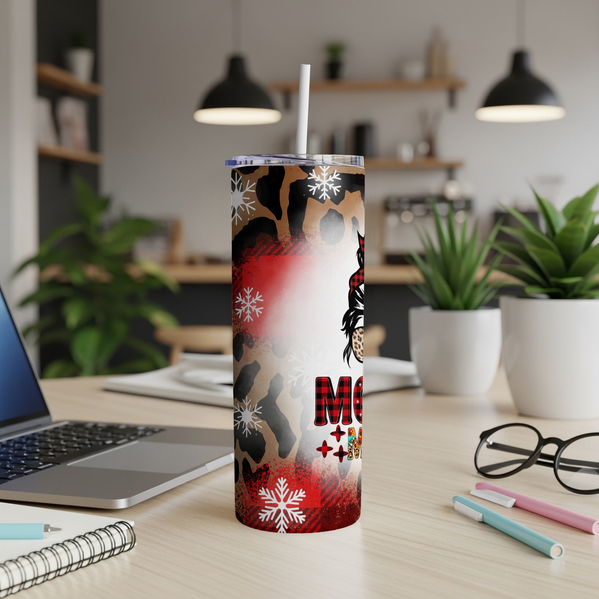 Red plaid tumbler with snowflakes and leopard print, saying "Mom Life".