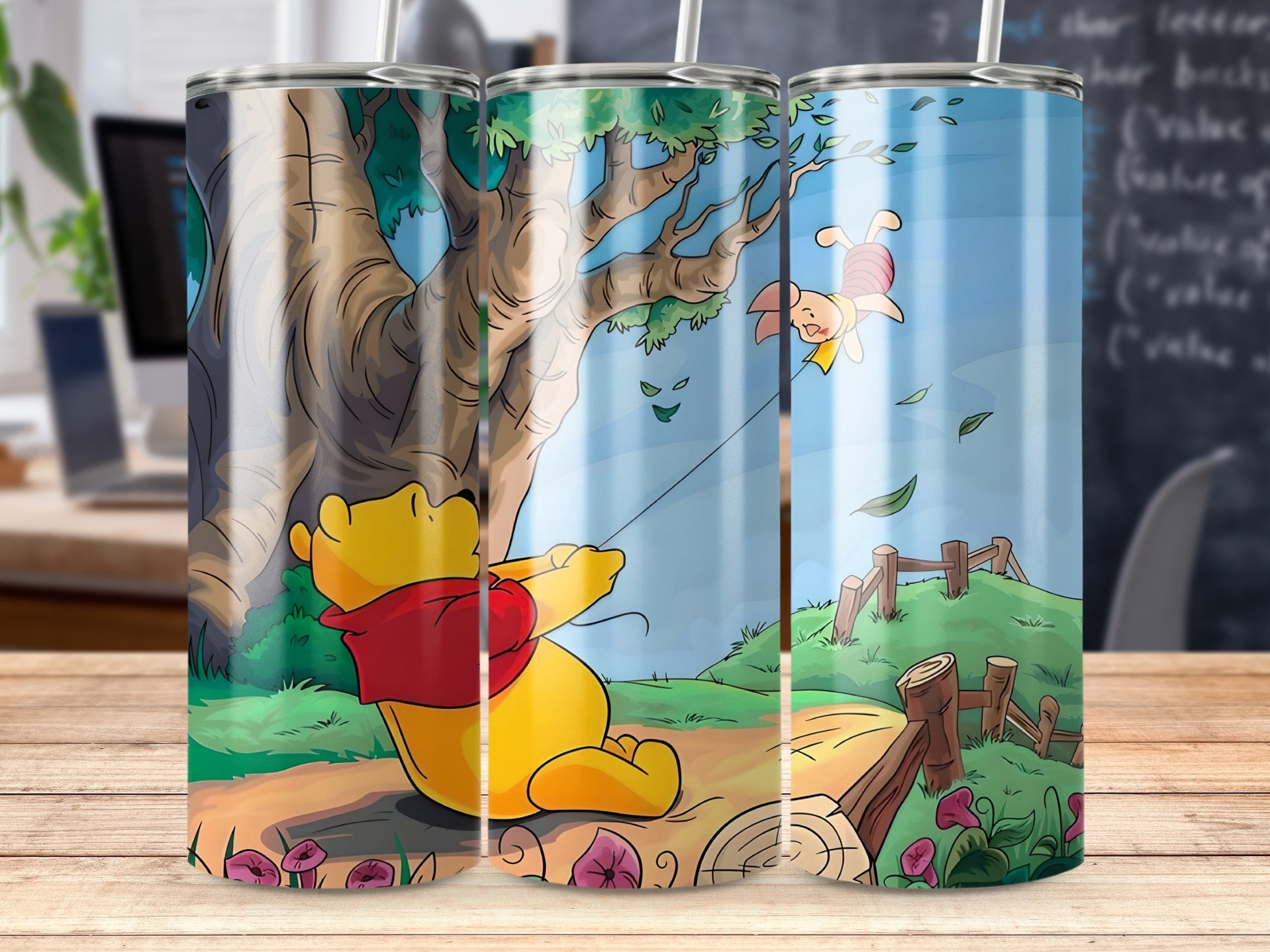 Winnie the Pooh Tumbler with Piglet design on logs