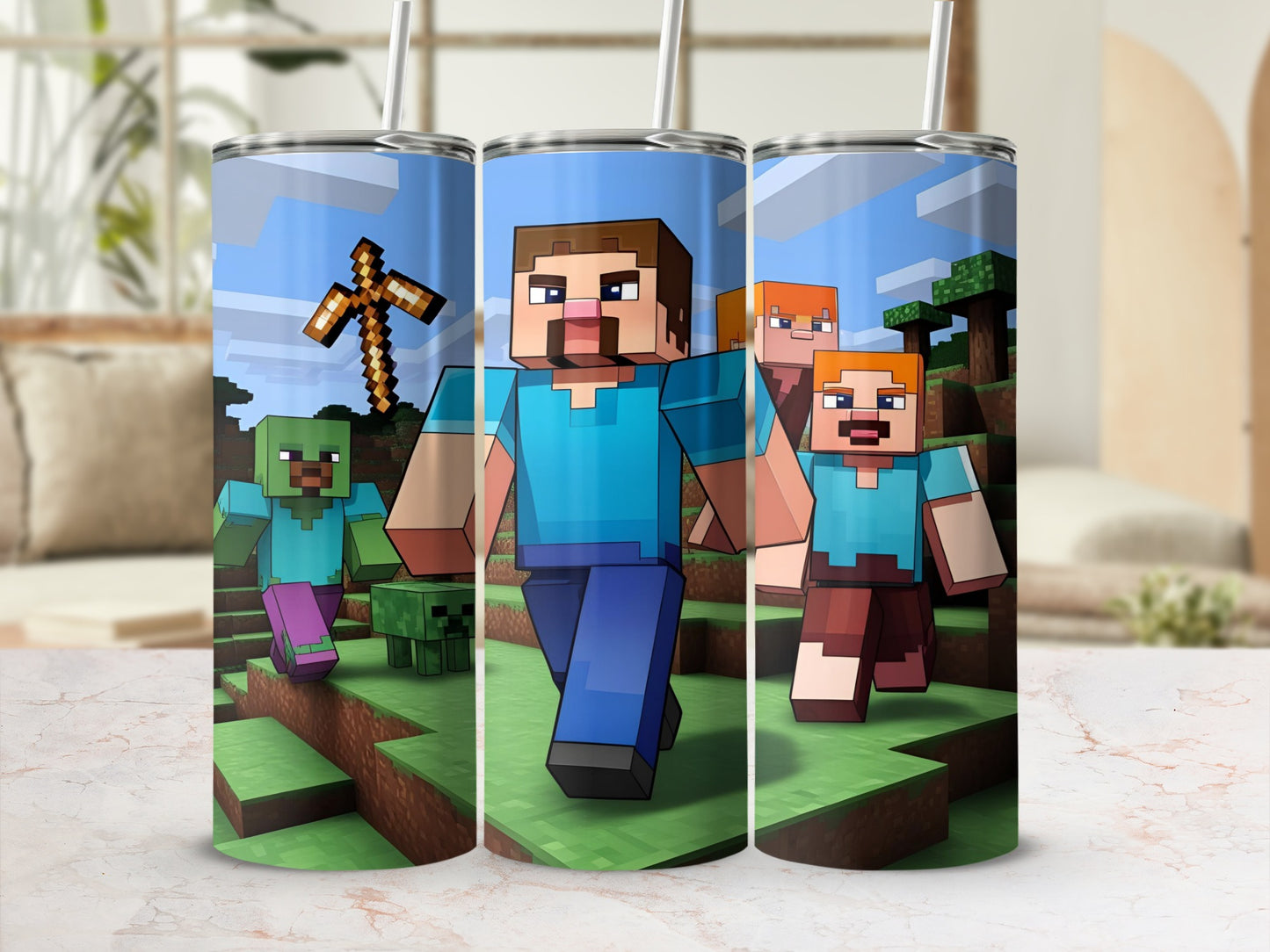 Minecraft characters, Steve and a zombie, walking through a grassy landscape.