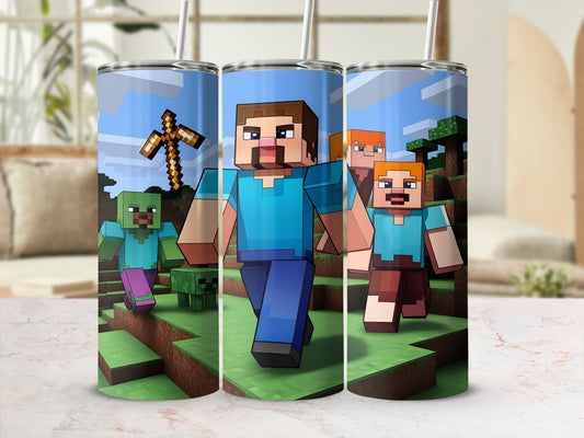 Minecraft characters, Steve and a zombie, walking through a grassy landscape.