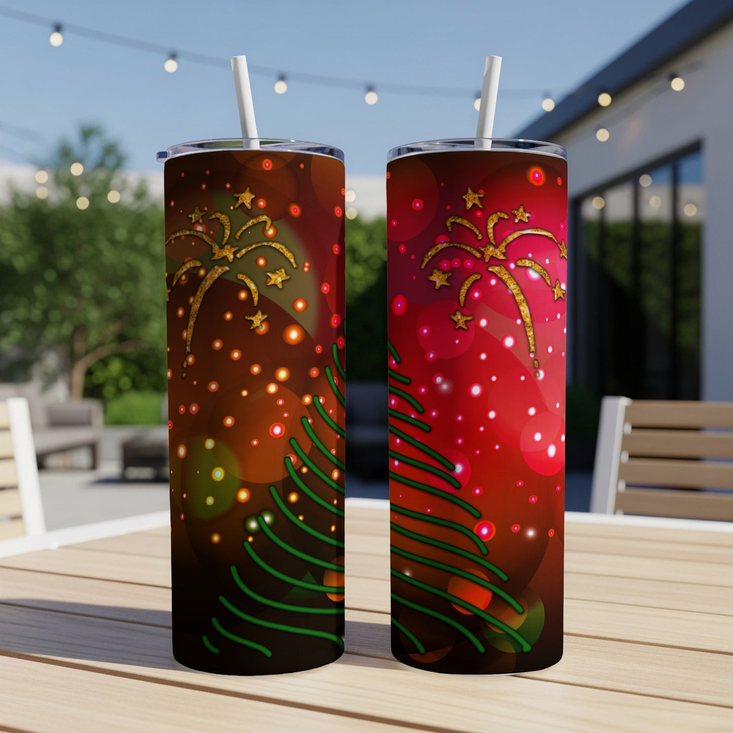 Two tumblers with red bokeh and gold fireworks background, on a table.