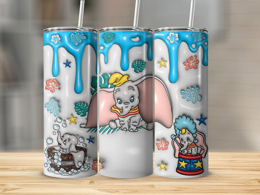 Dumbo the elephant in three playful designs on a tumbler.