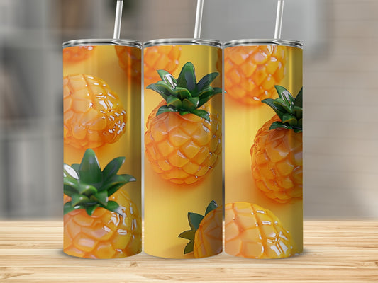 Three tumblers with realistic pineapple designs and yellow backgrounds.