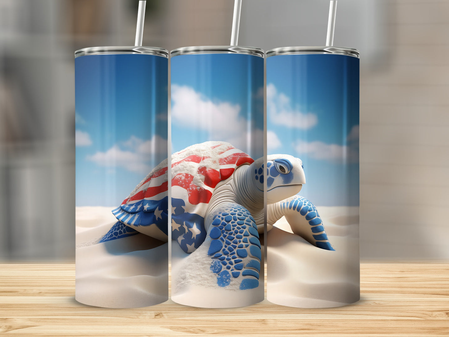 Turtle wearing American flag on sandy beach under cloudy sky