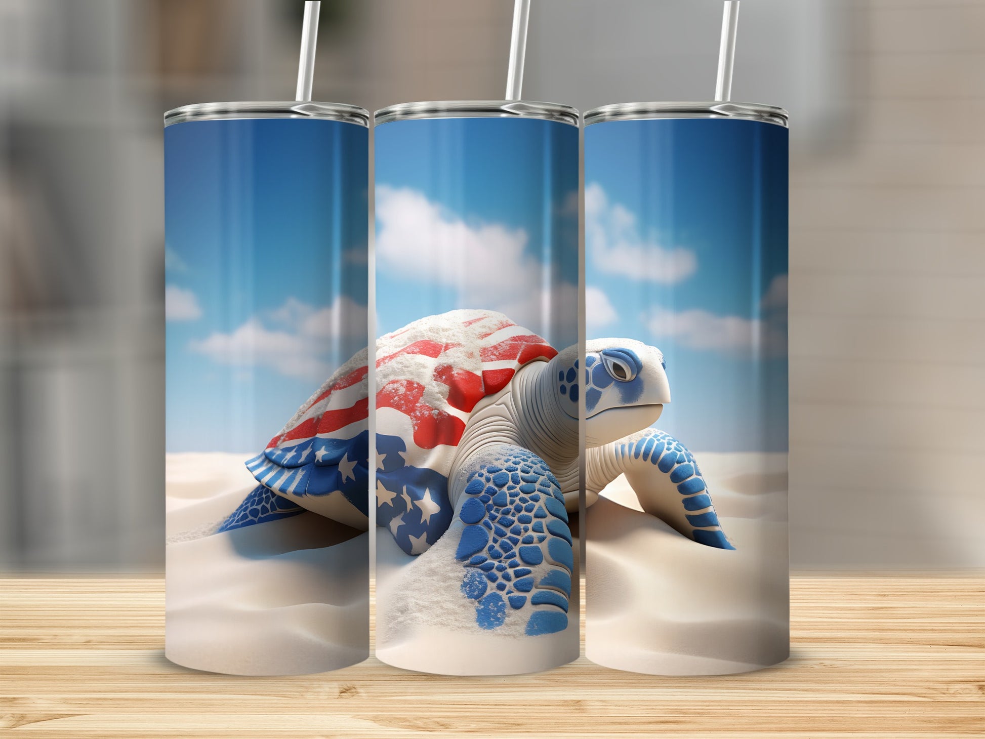 Turtle wearing American flag on sandy beach under cloudy sky