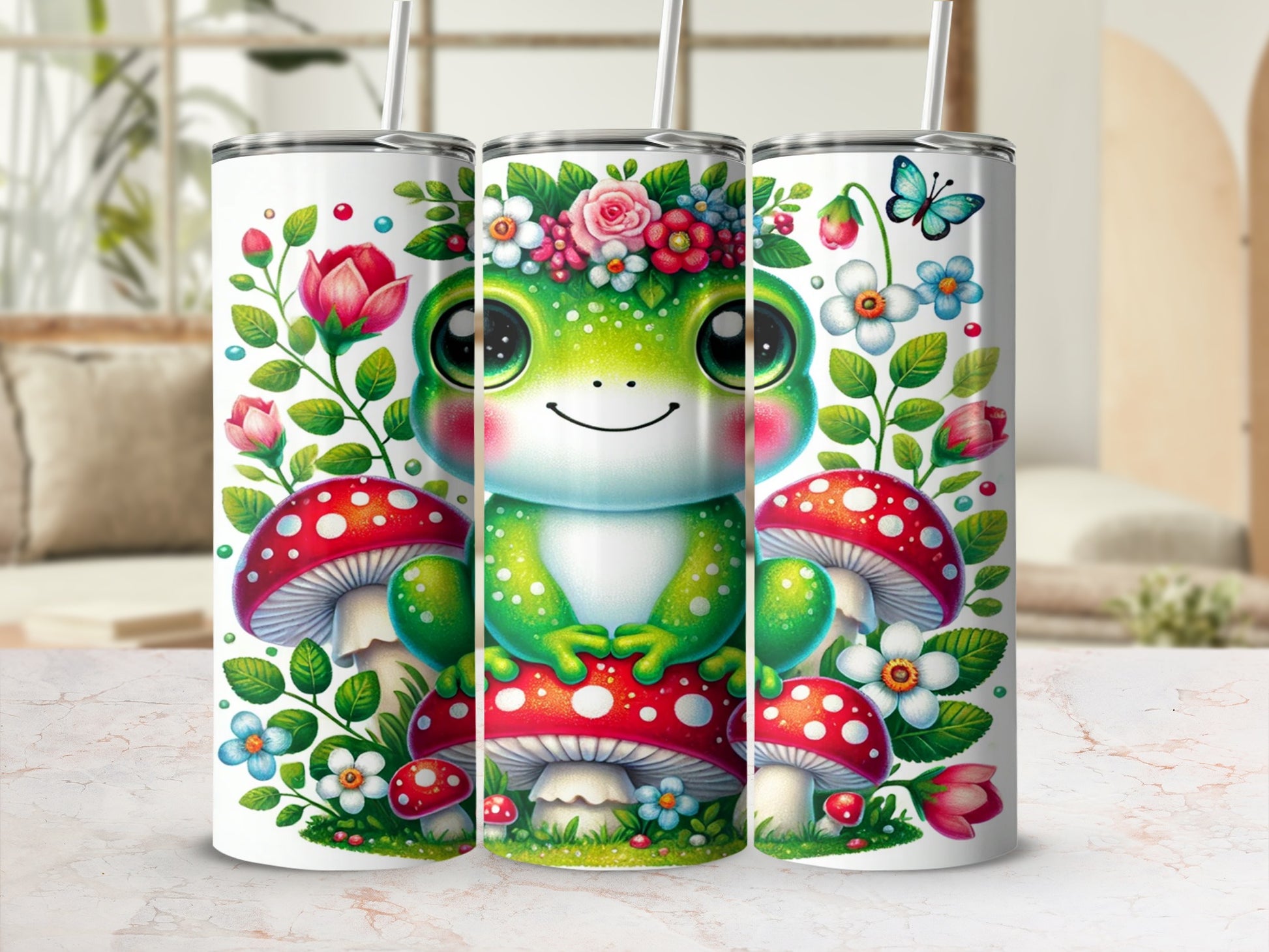 Adorable Frog with Flowers and Mushrooms Tumbler