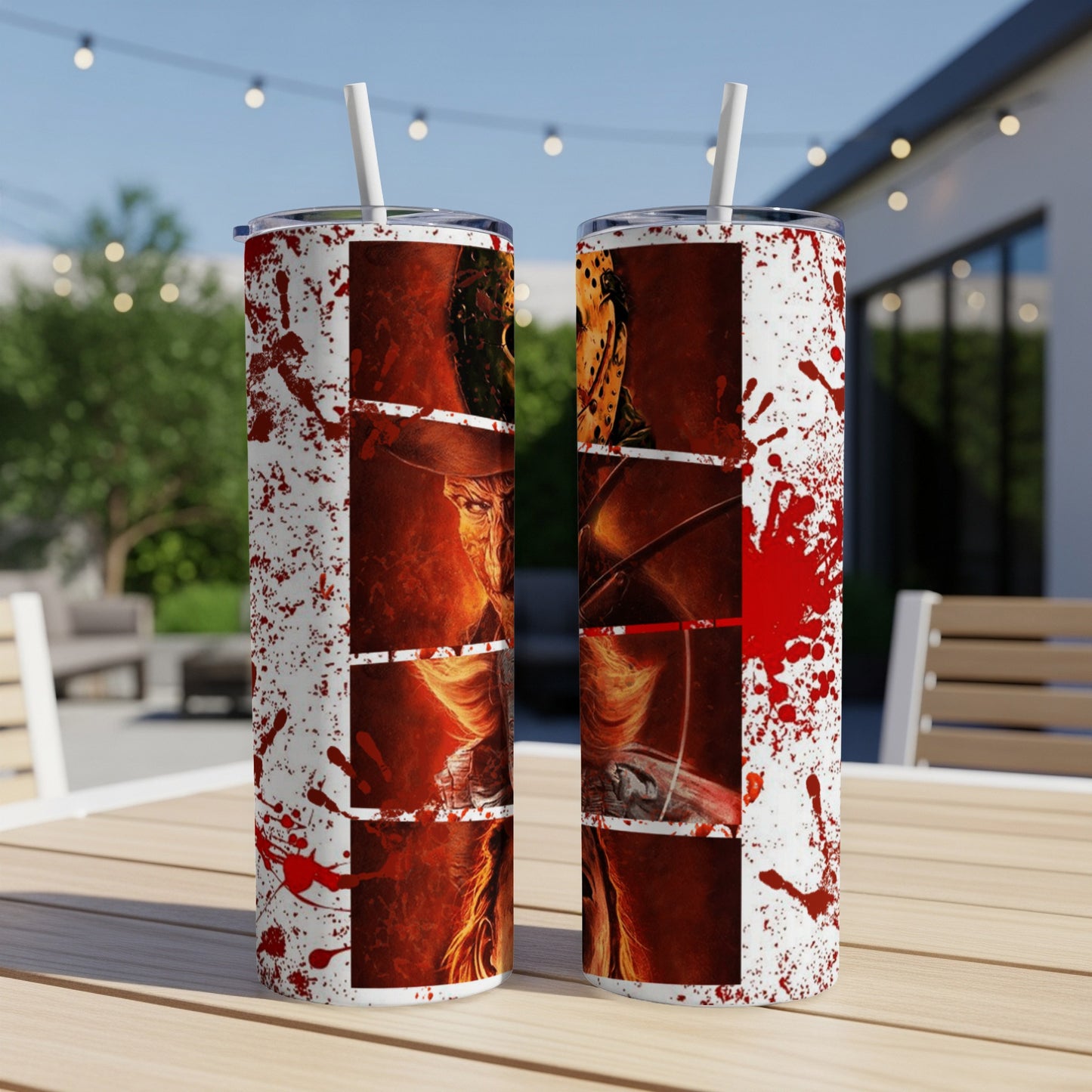 Two tall tumblers with horror movie characters and blood splatters.