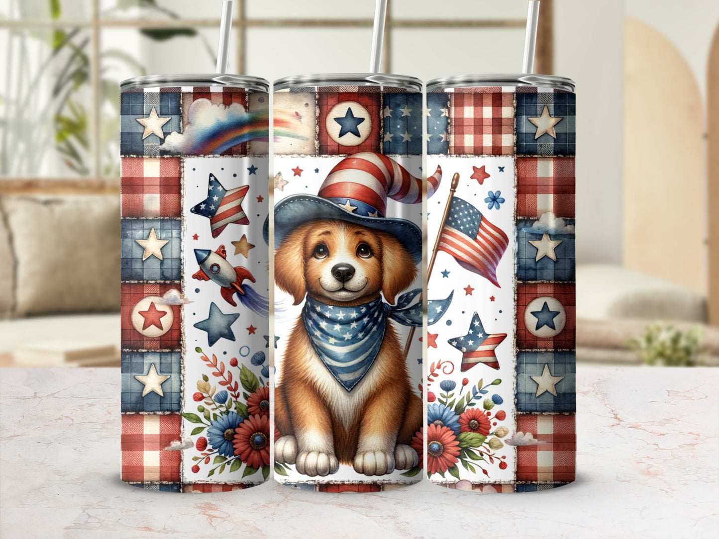 Puppy in patriotic hat and bandana with fireworks and American flag pattern.