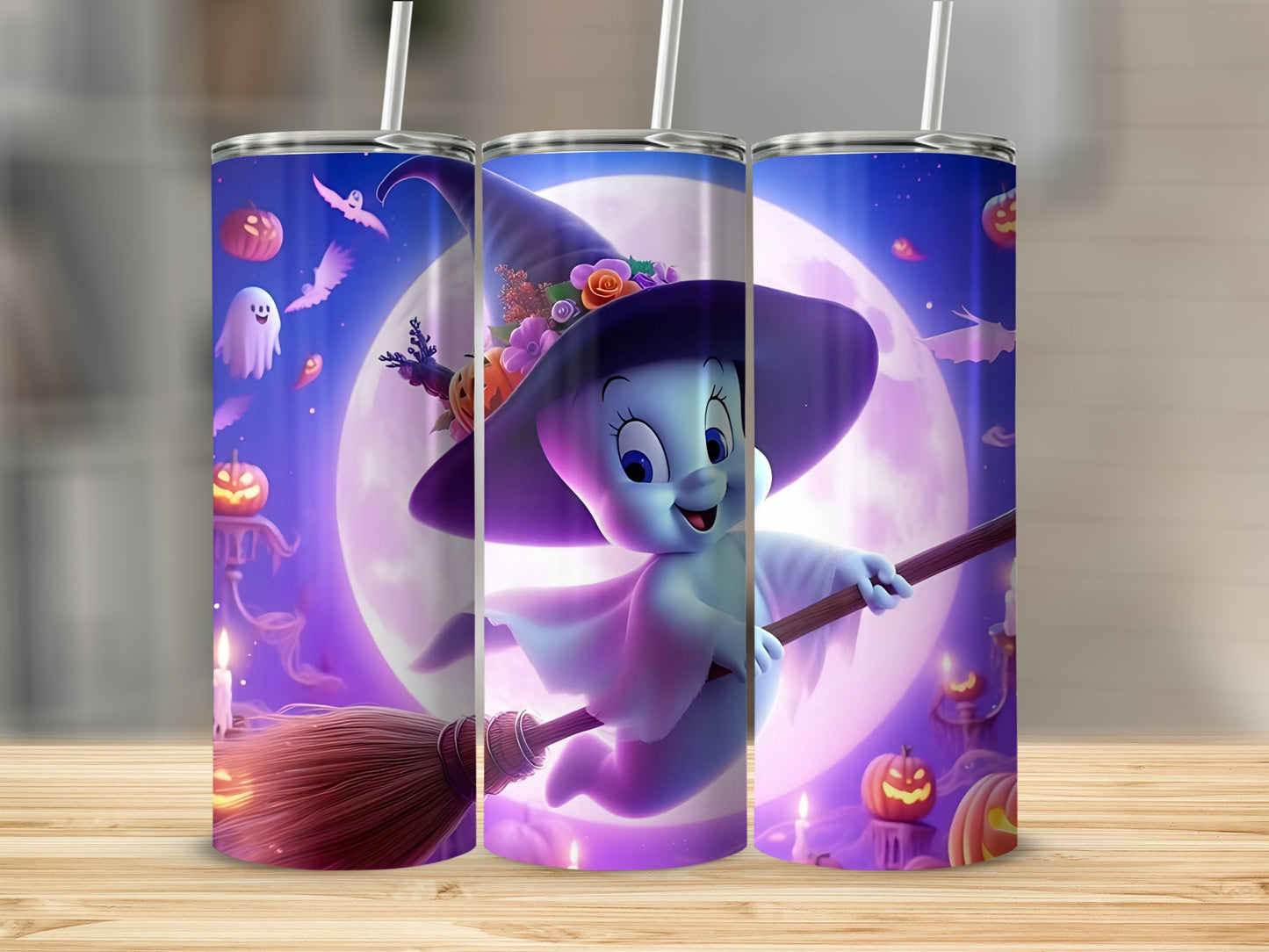 Casper the friendly ghost wearing a witch hat rides a broomstick with pumpkins and ghosts.