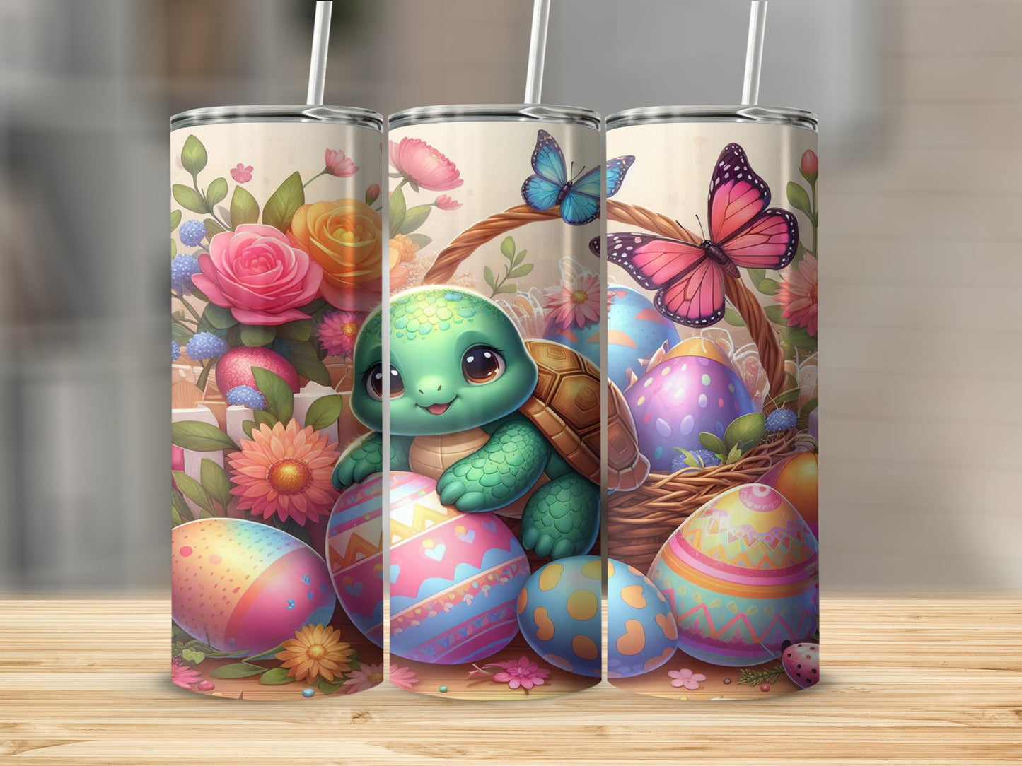 Turtle in Easter basket surrounded by decorated eggs and butterflies.