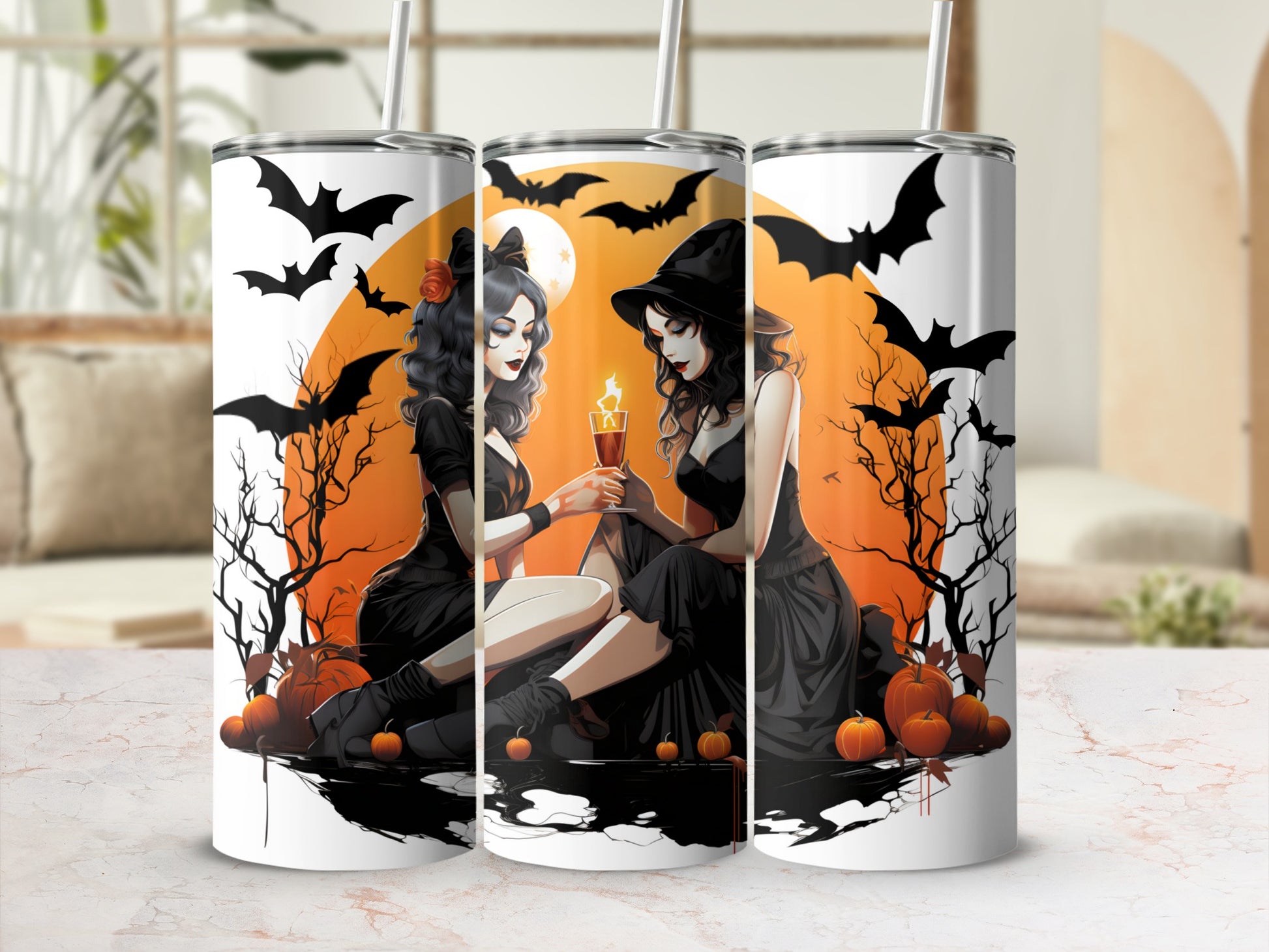 Two witches sharing a drink among bats and pumpkins under a full moon.