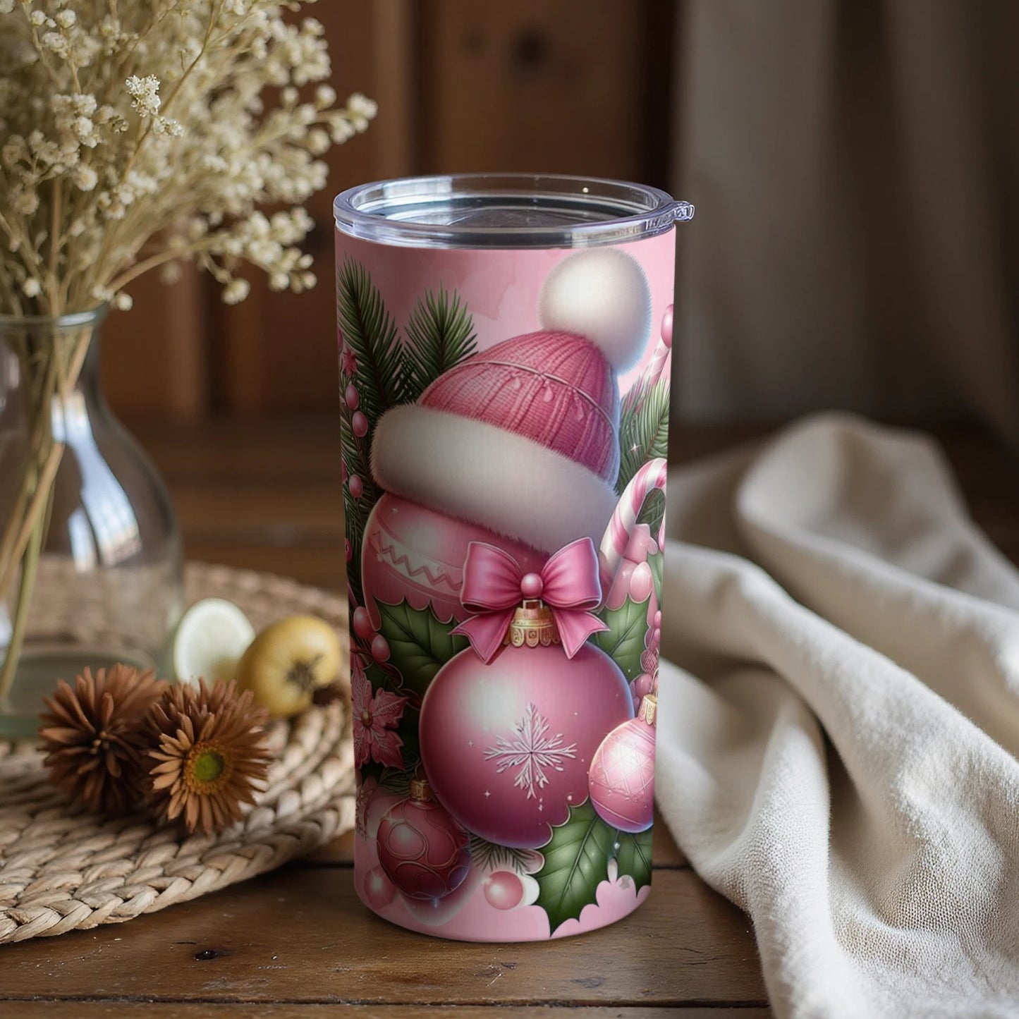 Festive Pink Christmas Decor with Snowman Tumbler