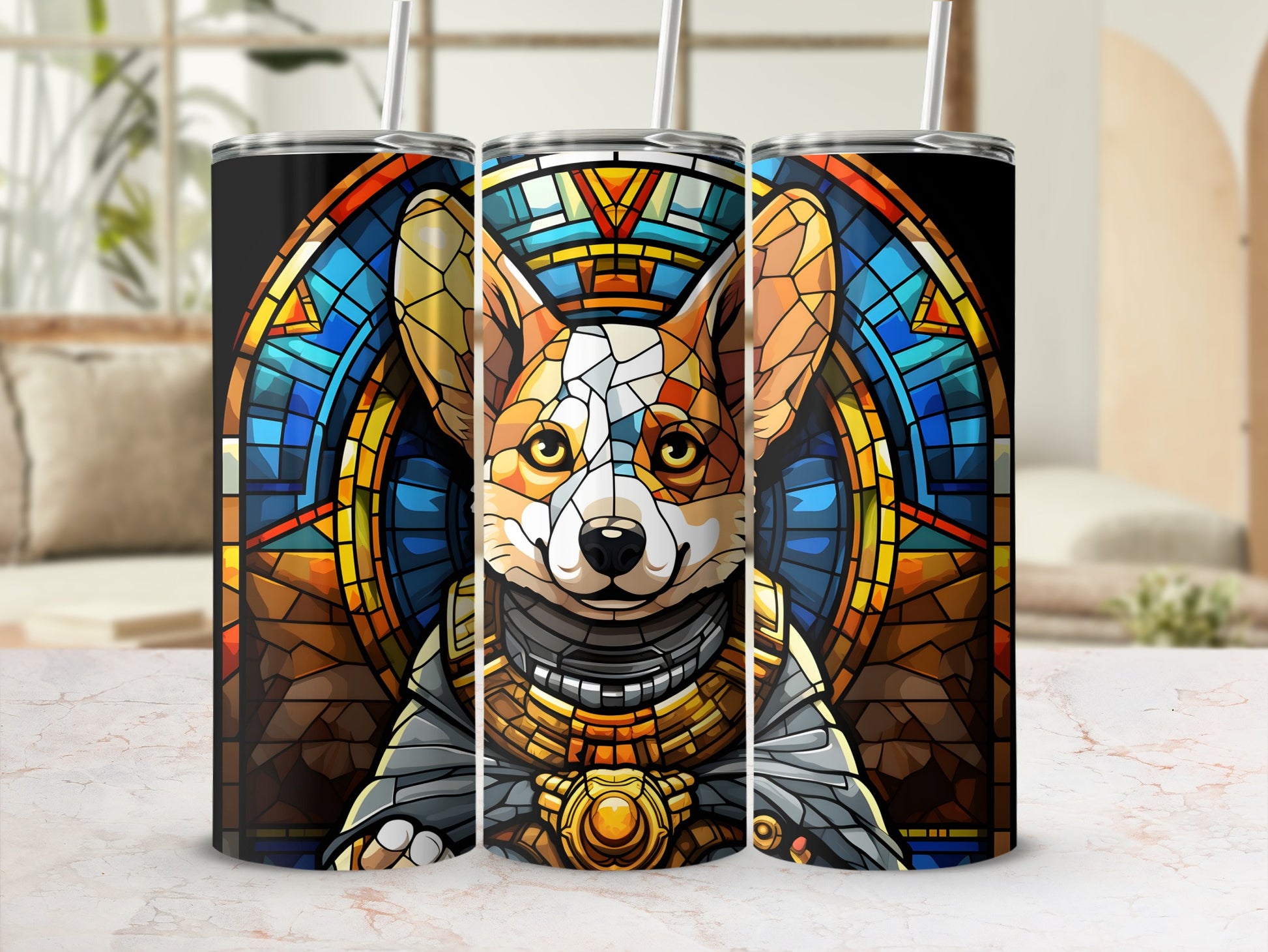 Corgi dog portrait in stained glass style on three tumblers with straws.