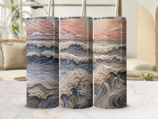 Three tall tumblers with a textured, abstract landscape design in pink and blue hues.