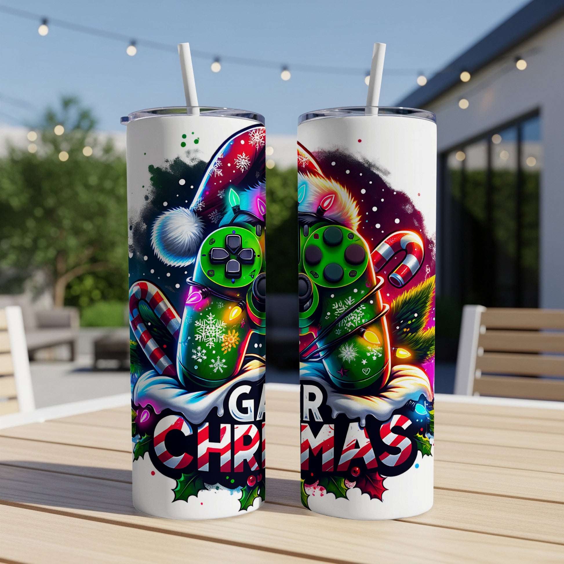 Gaming controller with Christmas decorations on a tumbler.