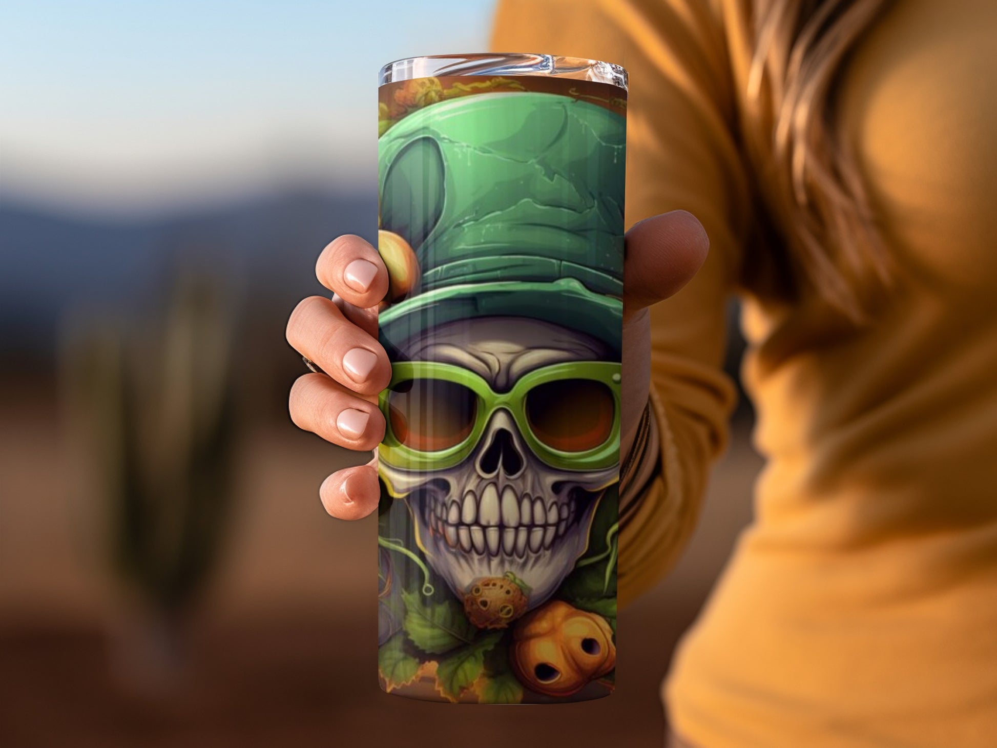 Colorful Skull with Green Hat and Sunglasses Drinkware