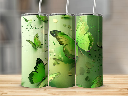 Three green butterfly tumblers with a speckled green background.