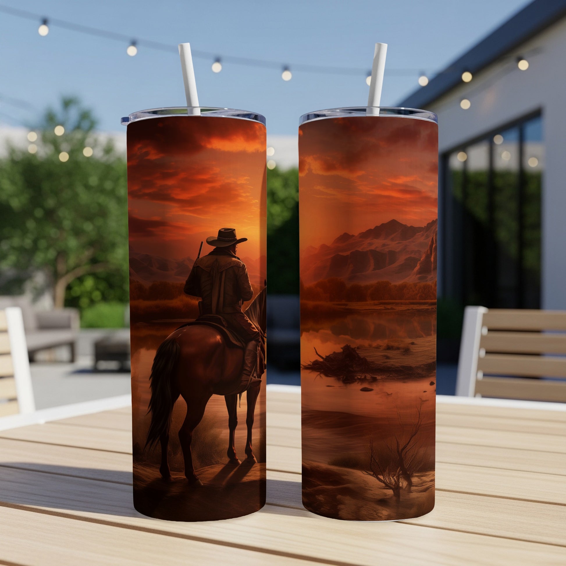 Cowboy on horseback in desert landscape at sunset, on skinny tumblers.